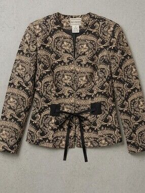 Vintage Karin Stevens Paisley Tie-front Jacket Size 10 Black and Cream
